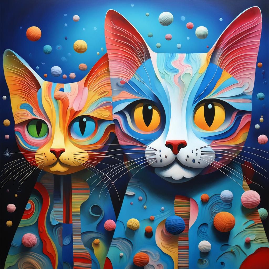 Surreal 3D French Art: Colorful Cats