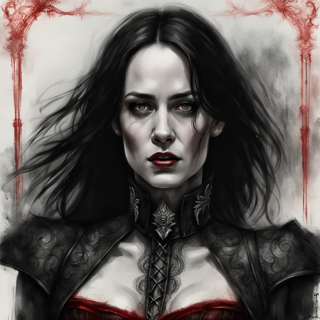 Vampire Woman in Intricate Corset: Charcoal Sketch