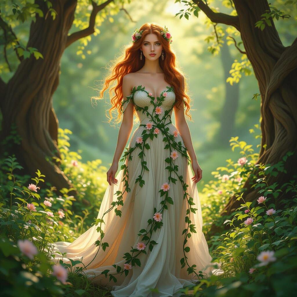 Elegant Woman in Forest Clearing, Art Nouveau Style