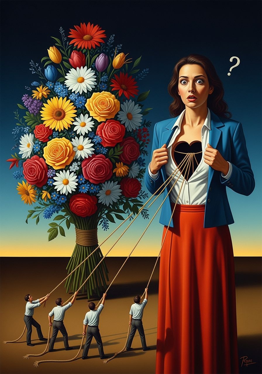 Surreal Woman with Suitors Pulling Heartstrings