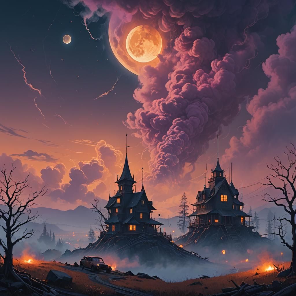 Fantasy Moon with Swirling Smoke in Dark Sky