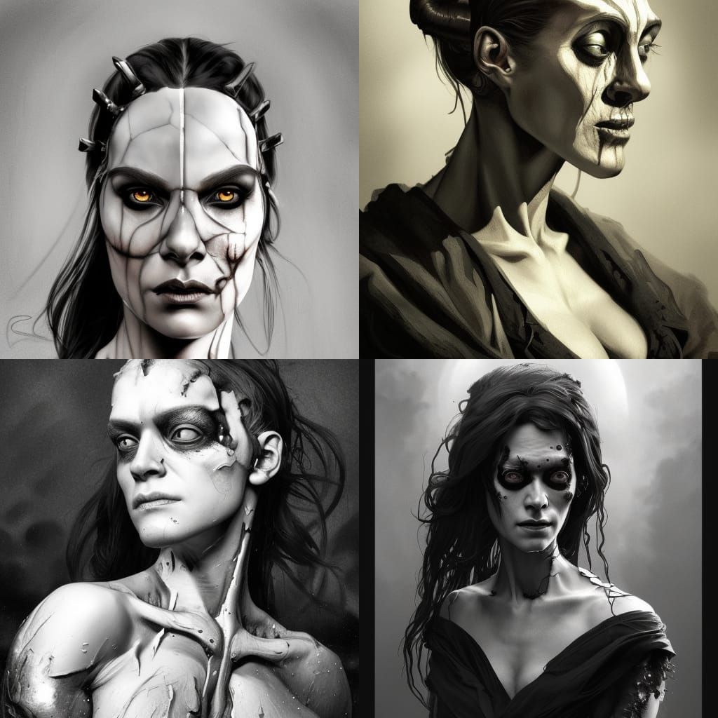 Detailed Portrait of Female Frankenstein in Black and White