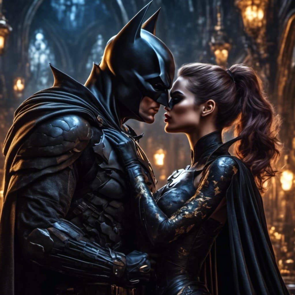 Batman and Batgirl Kissing: Cinematic Portrait