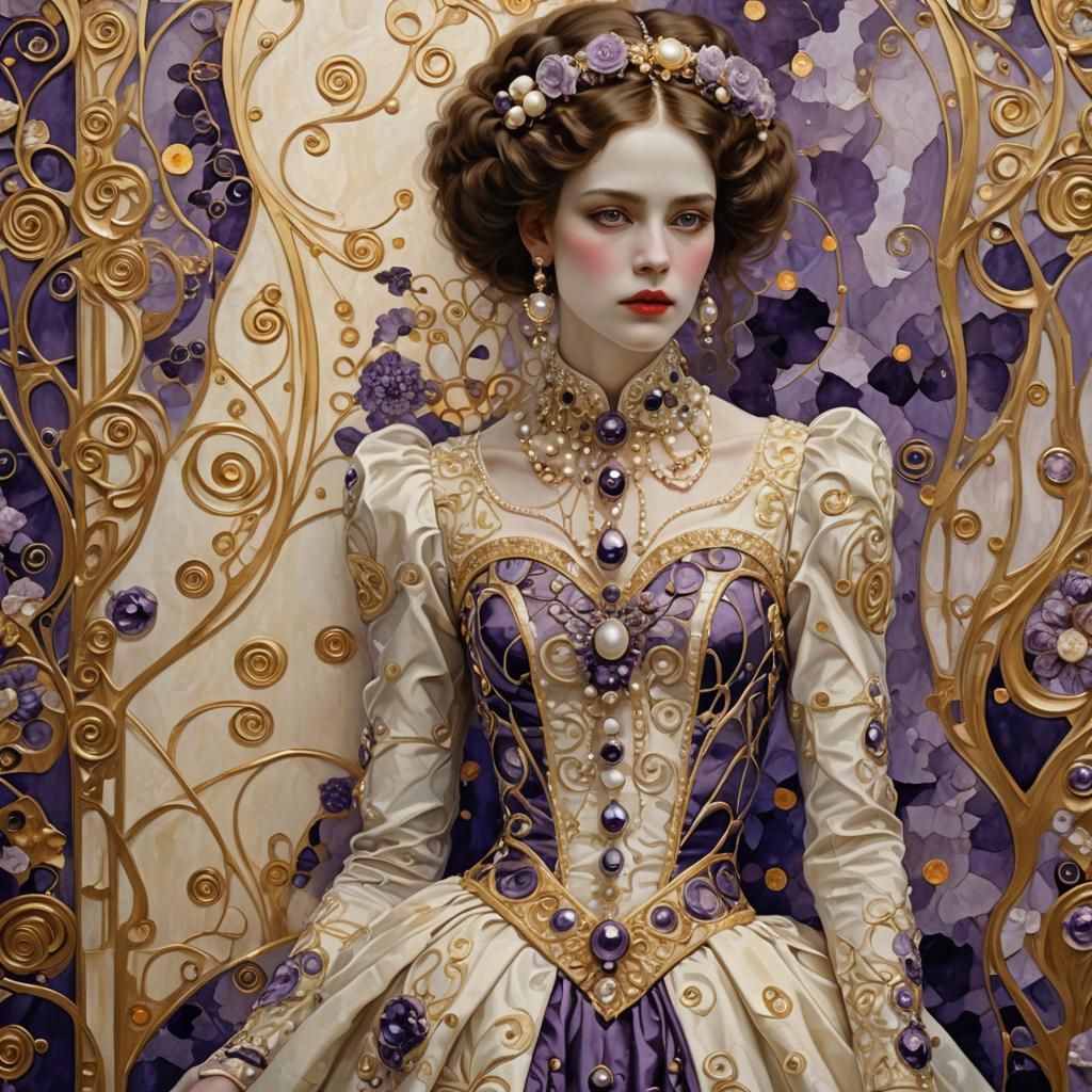 Elegant Woman in Ornate Dress, Klimt-Inspired