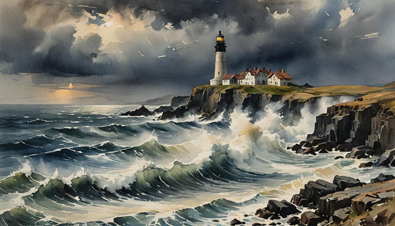 Dramatic Watercolour Seascape with Lighthouse