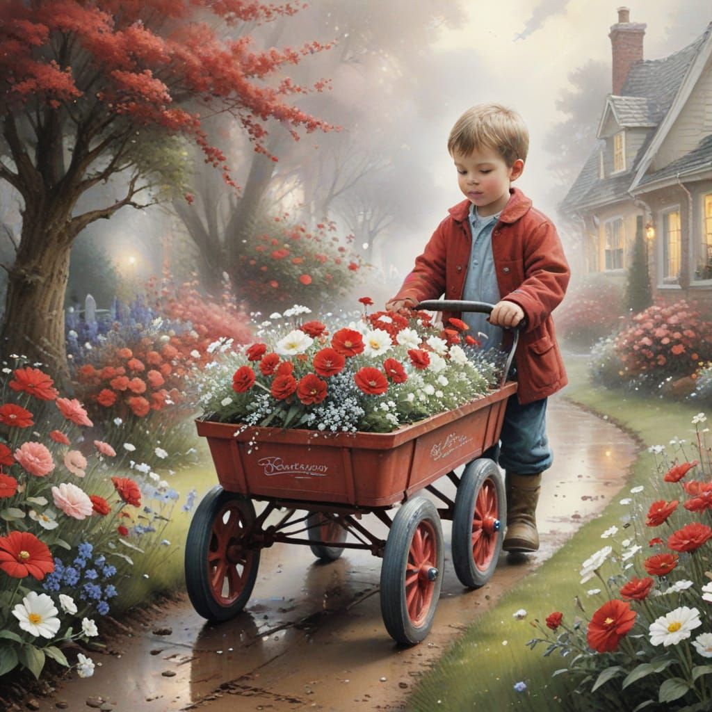 Ethereal Watercolour of Children in Flower-Filled Wagon