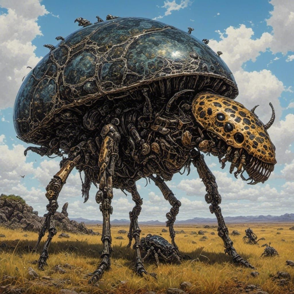 Alien Insect Megafauna Grazing Among Giant Mushrooms