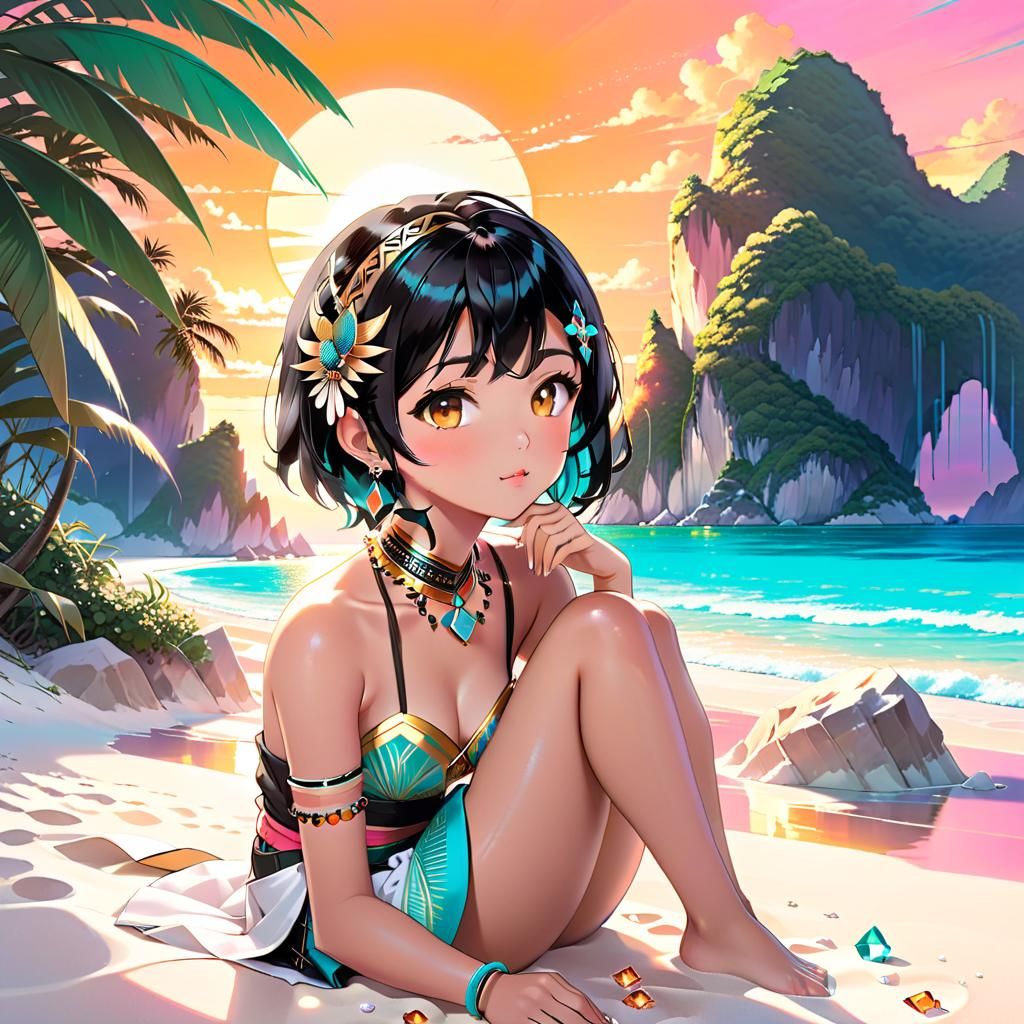 Thai Woman on Beach in Anime Manga Style