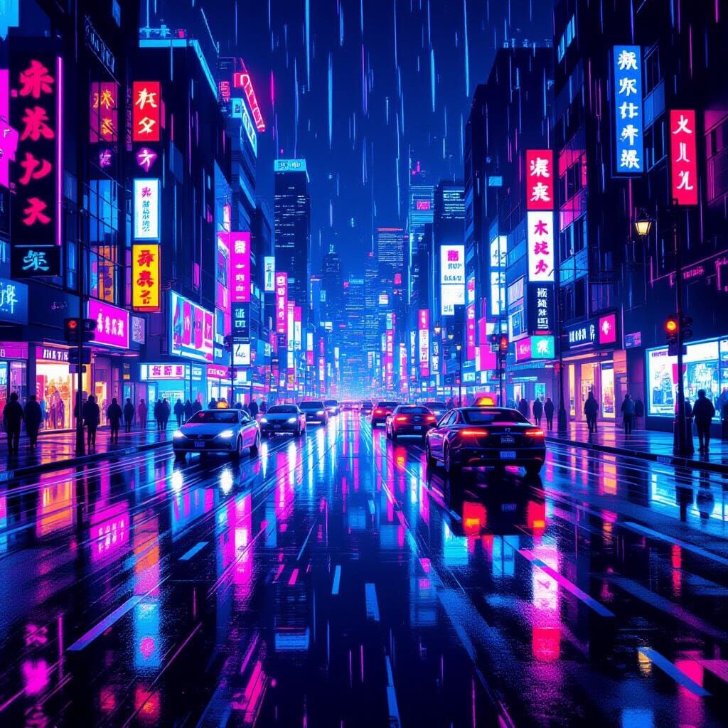 Neon Cityscape Reflections in Night Rain