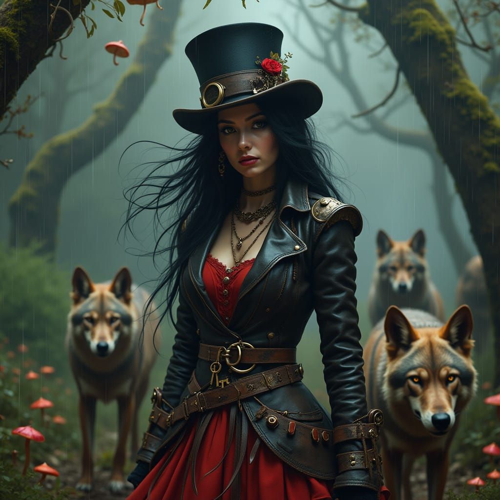 Steam punk inspired woman long black windswept hair wearing a top hat. Long red and black dress with a leather jacket wi...