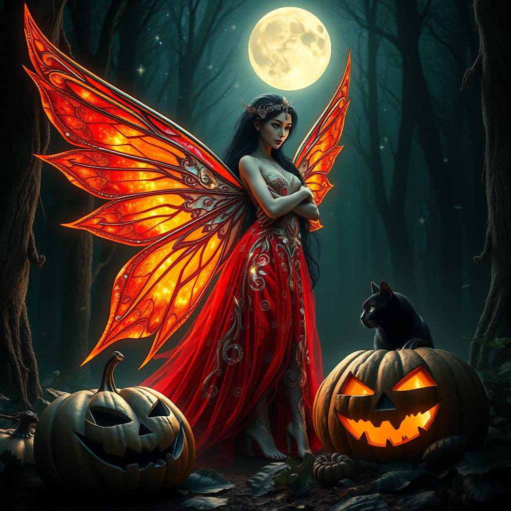 Luminous Fairy with Fire Wings in Magical Forest