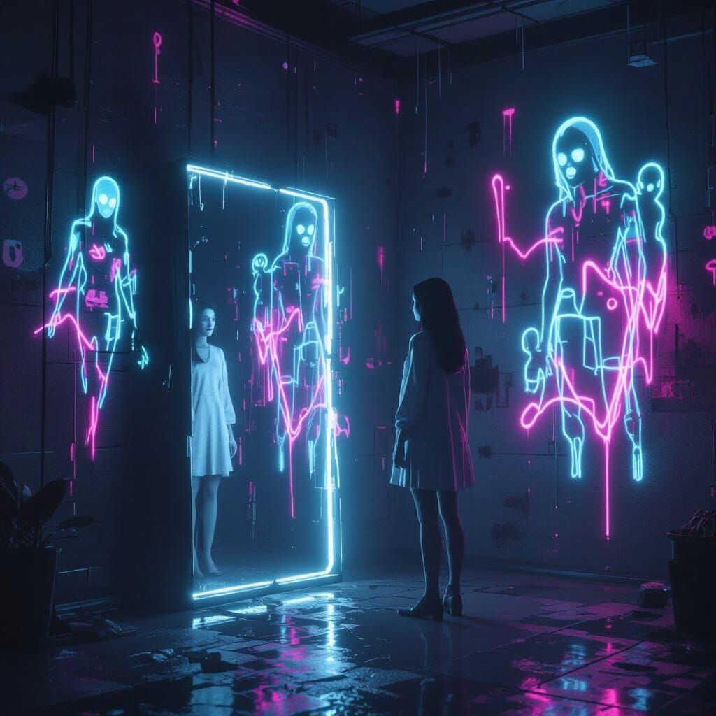 Sentient Mirror Devouring Shadows in Cyberpunk Style