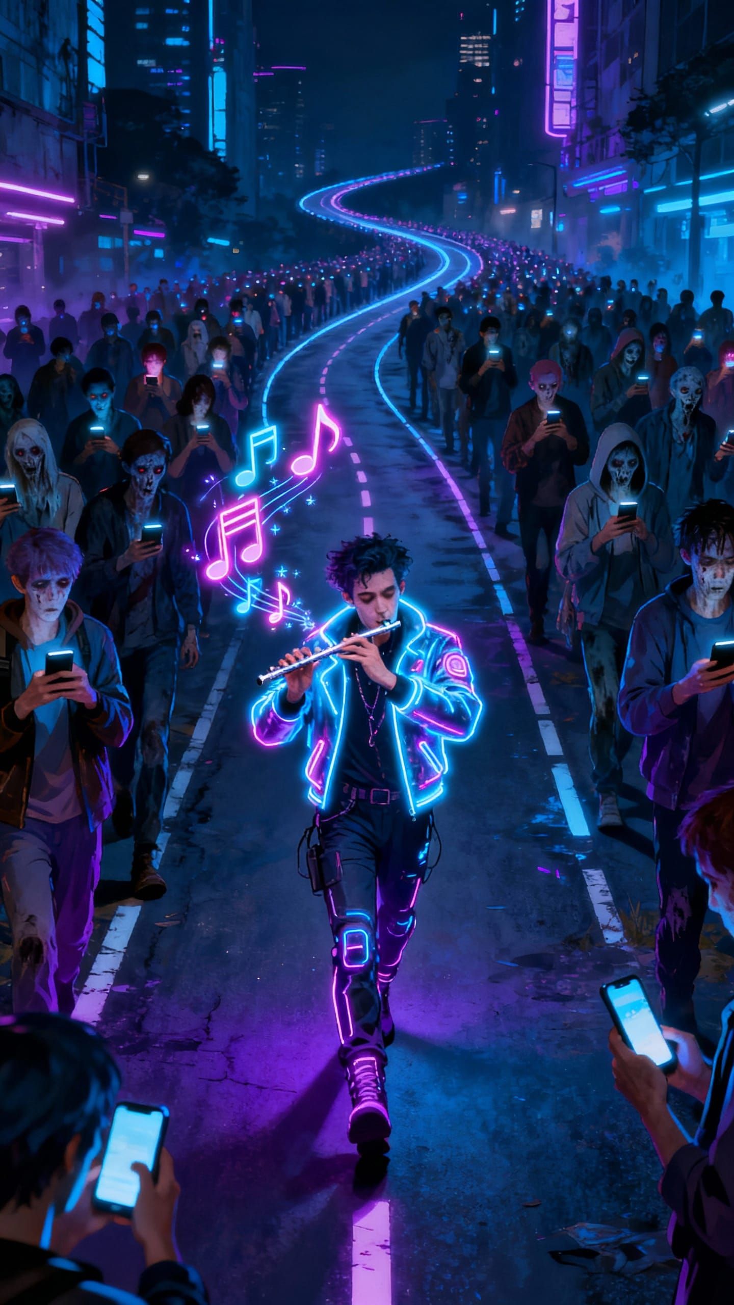 Cyberpunk Pied Piper Leads Mobile Phone Zombies