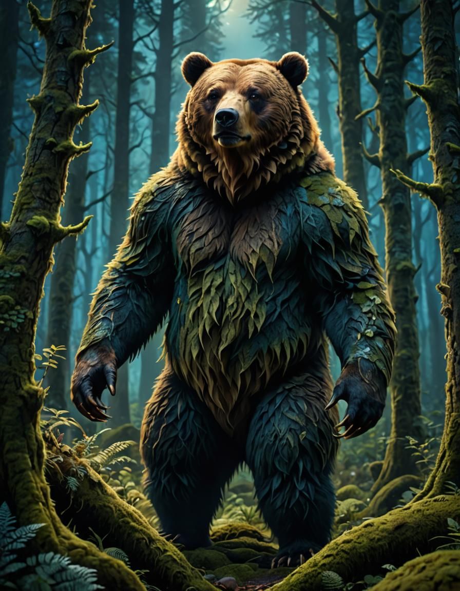 Bear Man in Dark Forest: Detailed Digital Art