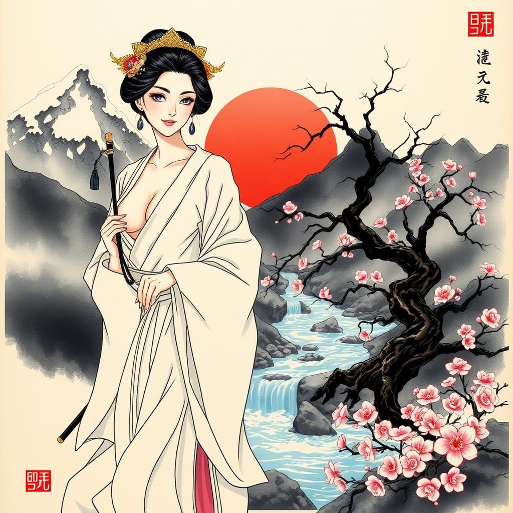 Amaterasu Goddess of Earth and Sky in Japanese Sumi-e Style