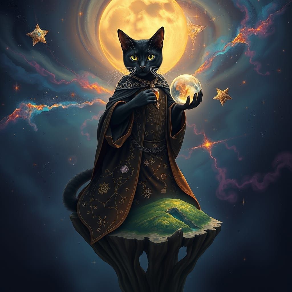 Celestial Cat on Floating Island in Dark Fantasy Style