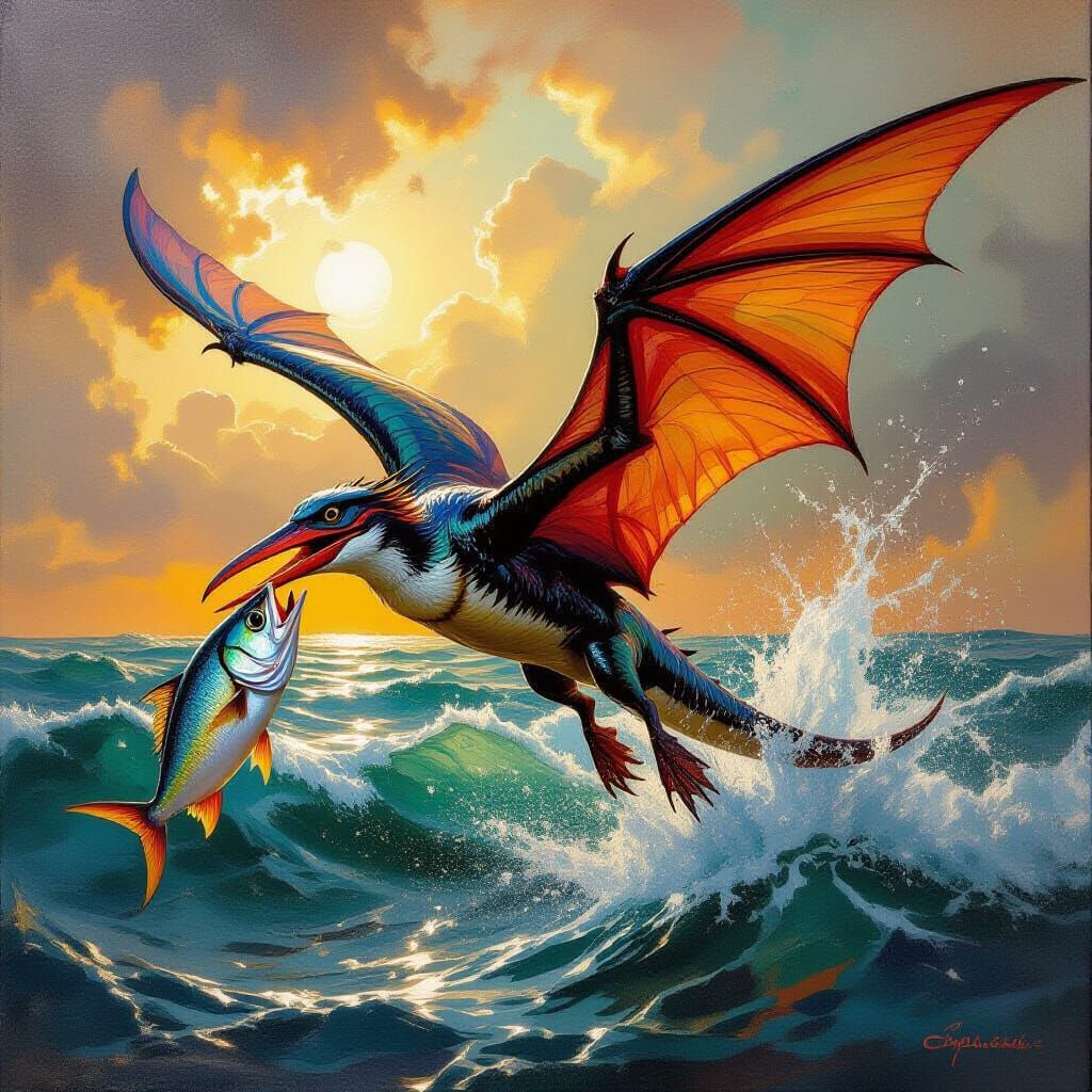 Iridescent Pterodactyl Hunting Silver Fish