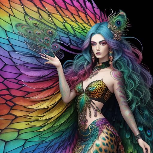 Rainbow Dragon Woman: Holographic Astral Illustration