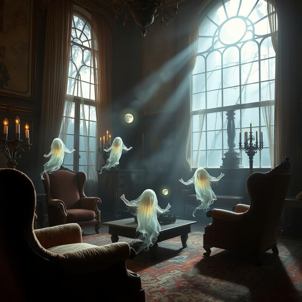 Little Ghosts in Abandoned Mansion Bathed in Moonlight