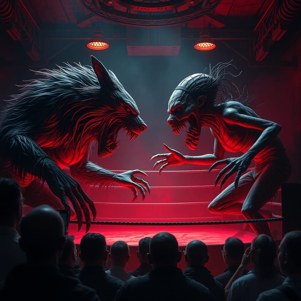 Surreal Underground Fight with Werewolf and Puppet