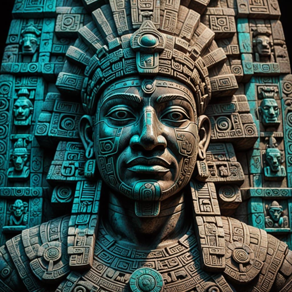 Turquoise Mayan Chac-Mool: Hyperdetailed Charcoal Drawing