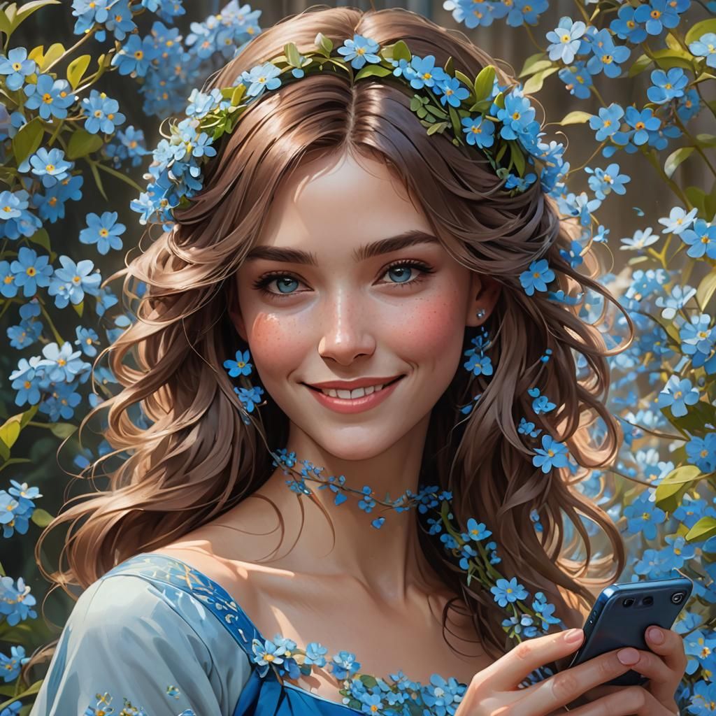 Girl with Forget-Me-Not Hair, Hyperdetailed Portrait