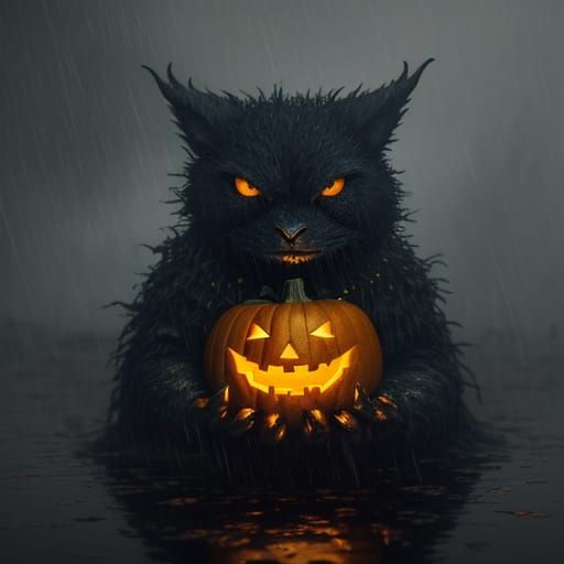 Eerie Pumpkin Monster in the Rain as Oil Painting