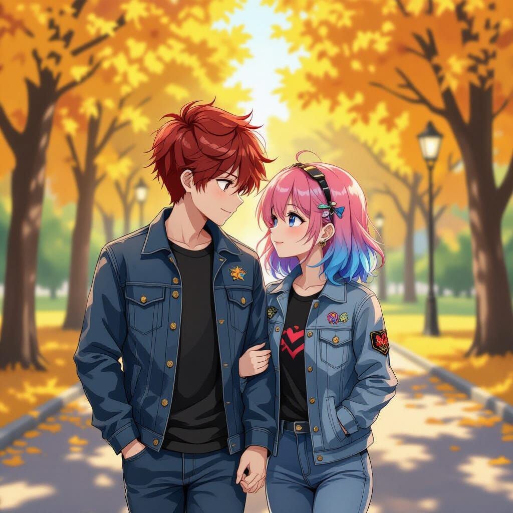 Anime Style Couple in Autumn Park