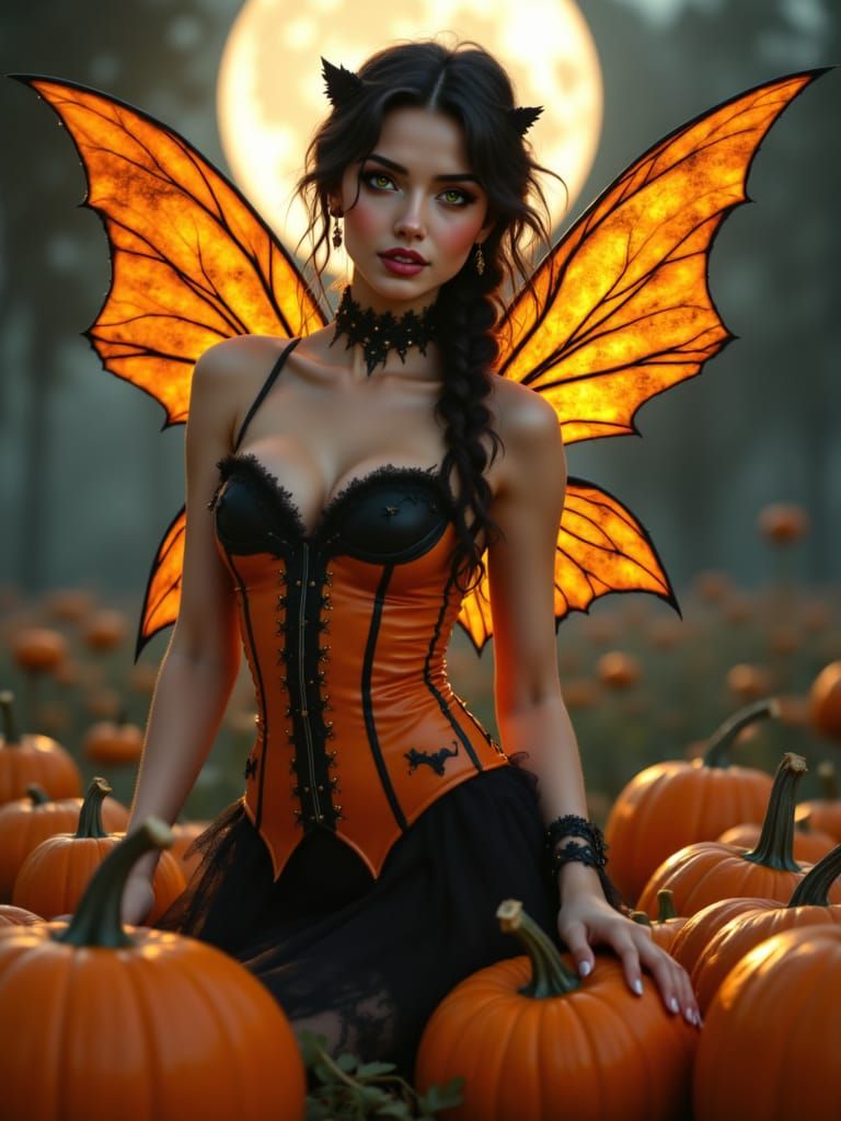 Eerie Pumpkin Fairy in Moonlit Patch