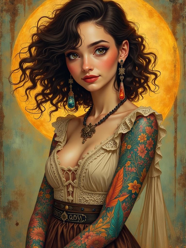 Woman's Magical Tattoos in Vibrant Animated Style