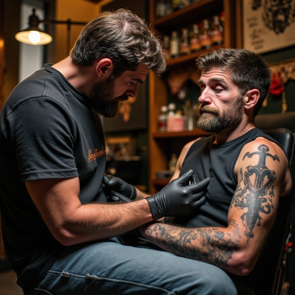 Surreal Tattoo Studio Scene with Intricate Claymore Sword De...