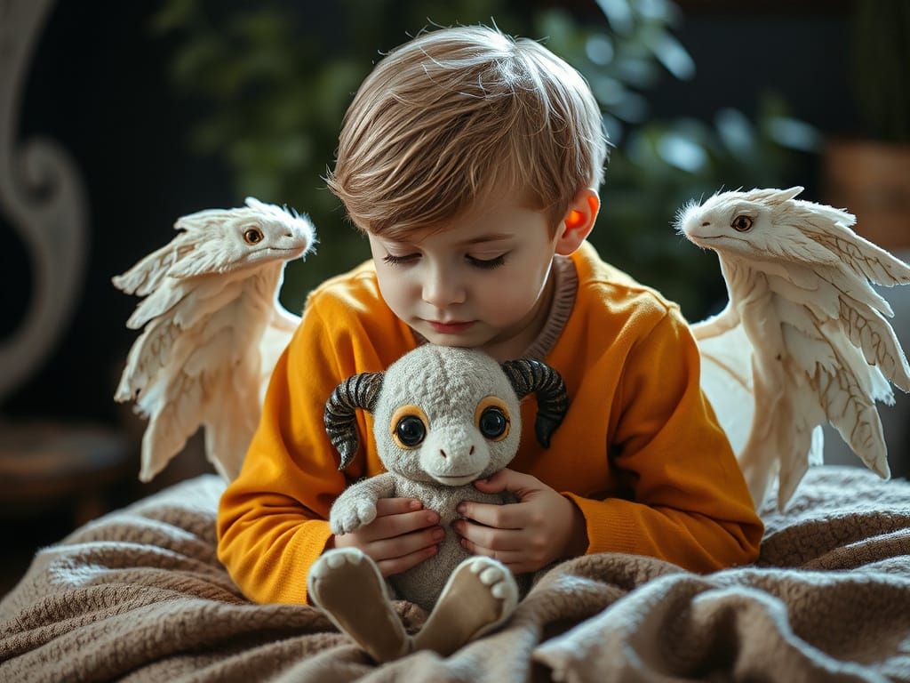 Child and Fantasy Pet in Magical Hyperrealistic Scene