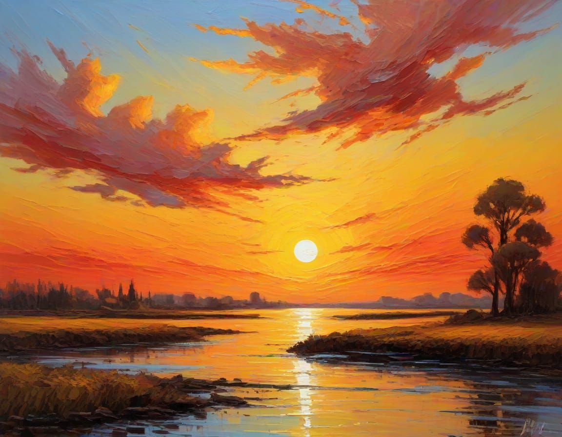 Golden Expressionist Sunset in Thick, Textured Brushstrokes