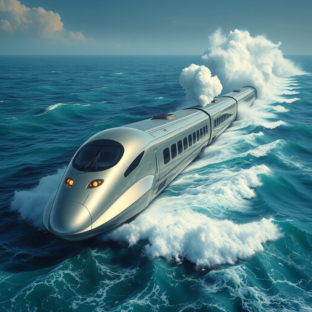 Sleek Silver Train Appears to Merge with Horizon Amidst Turb...