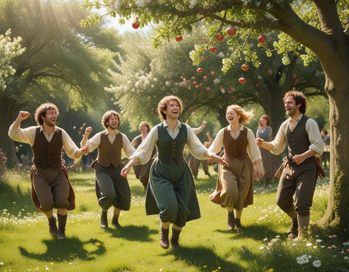 Hobbits Dancing in a Sunlit Shire Meadow