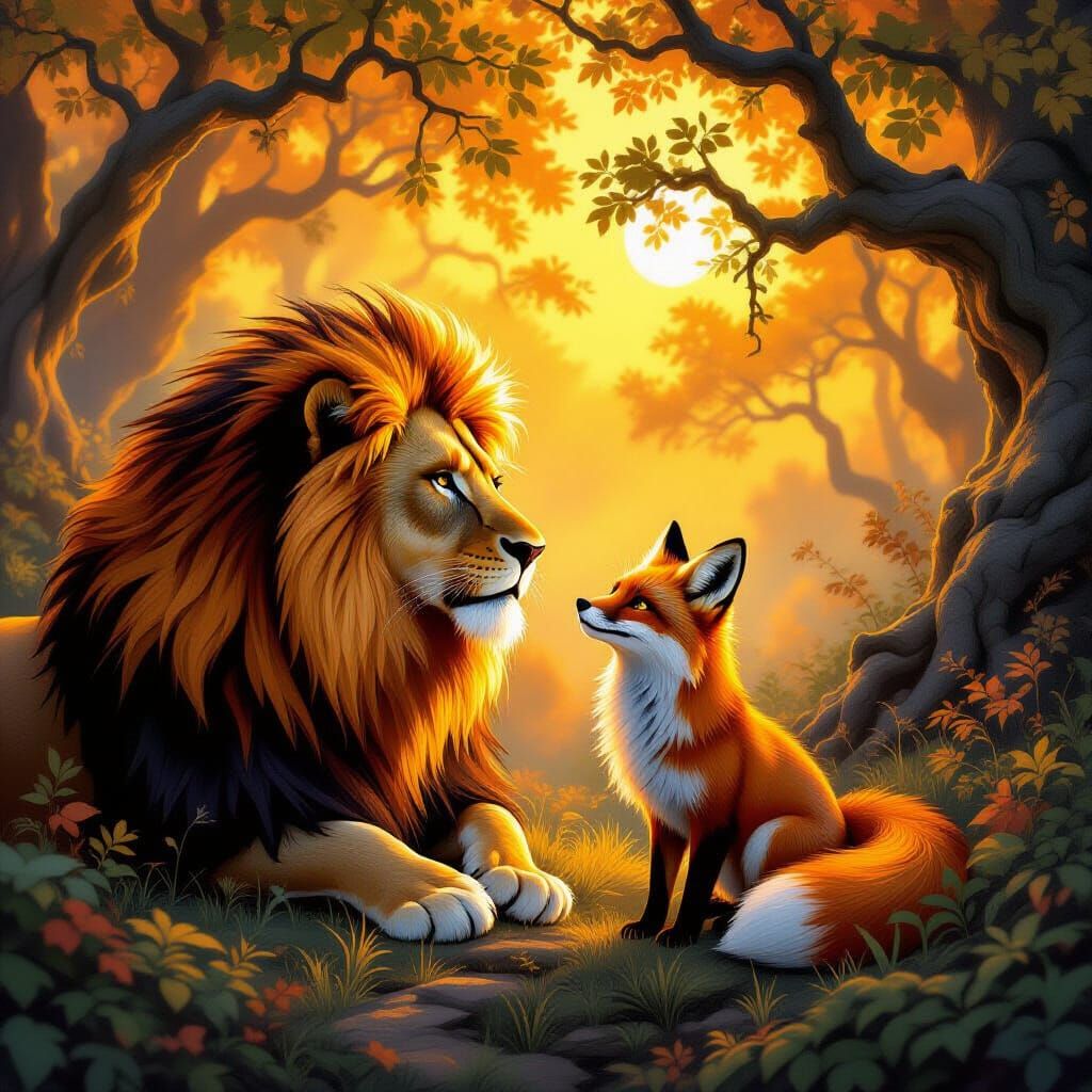 Lion Whispers to Fox in Fiery Forest