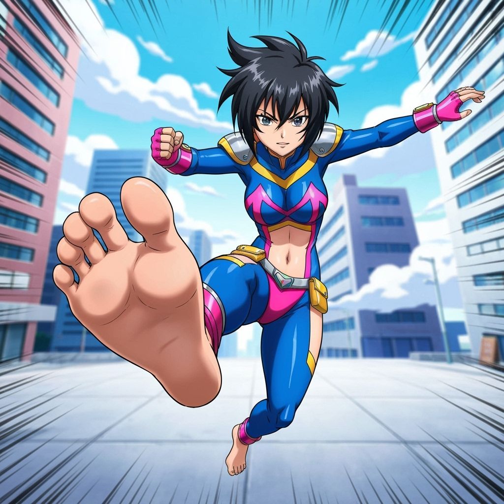 Anime Superhero Woman's Flying Karate Kick