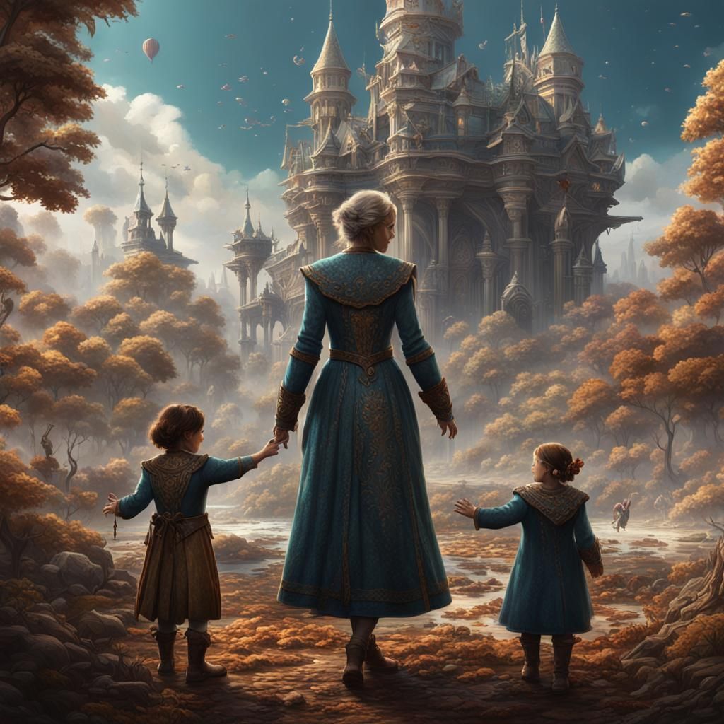 Elderly Woman with Two Children: Fantasy Concept Art