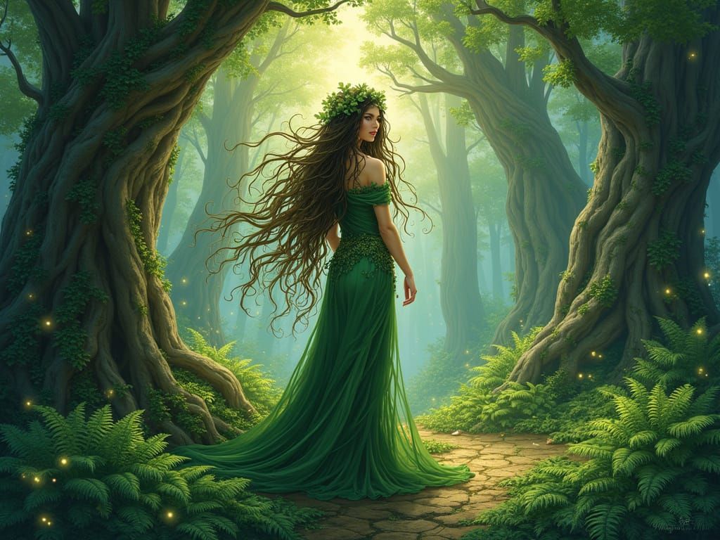 Mystical Woodland Goddess Amidst Whimsical Dreamscape