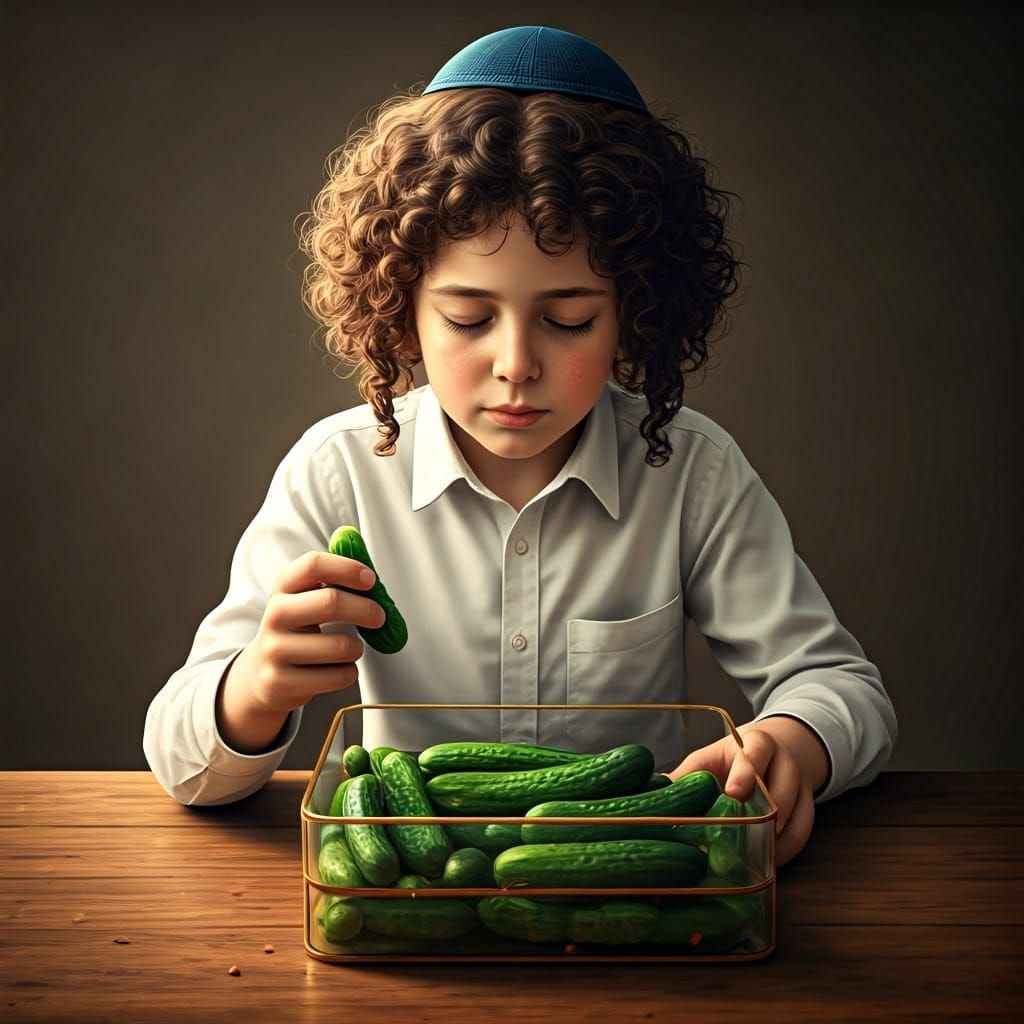 Ultra-Orthodox Boy in Devout Blessing, Traditional Kippah an...