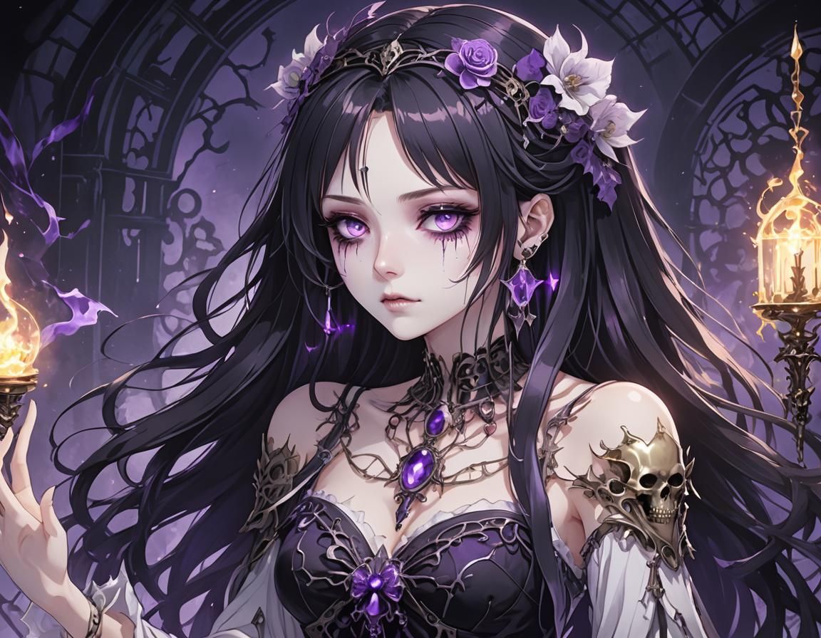 Anime Necromancer Girl with Glowing Eyes and Skeleton