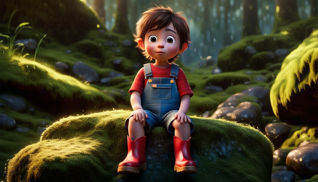 Cartoon Toddler on Mossy Rock, 3D Animation