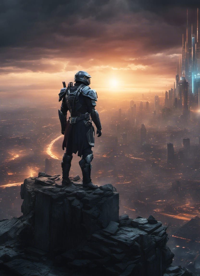 Sci-Fi Warrior Overlooks Ruined Futuristic City
