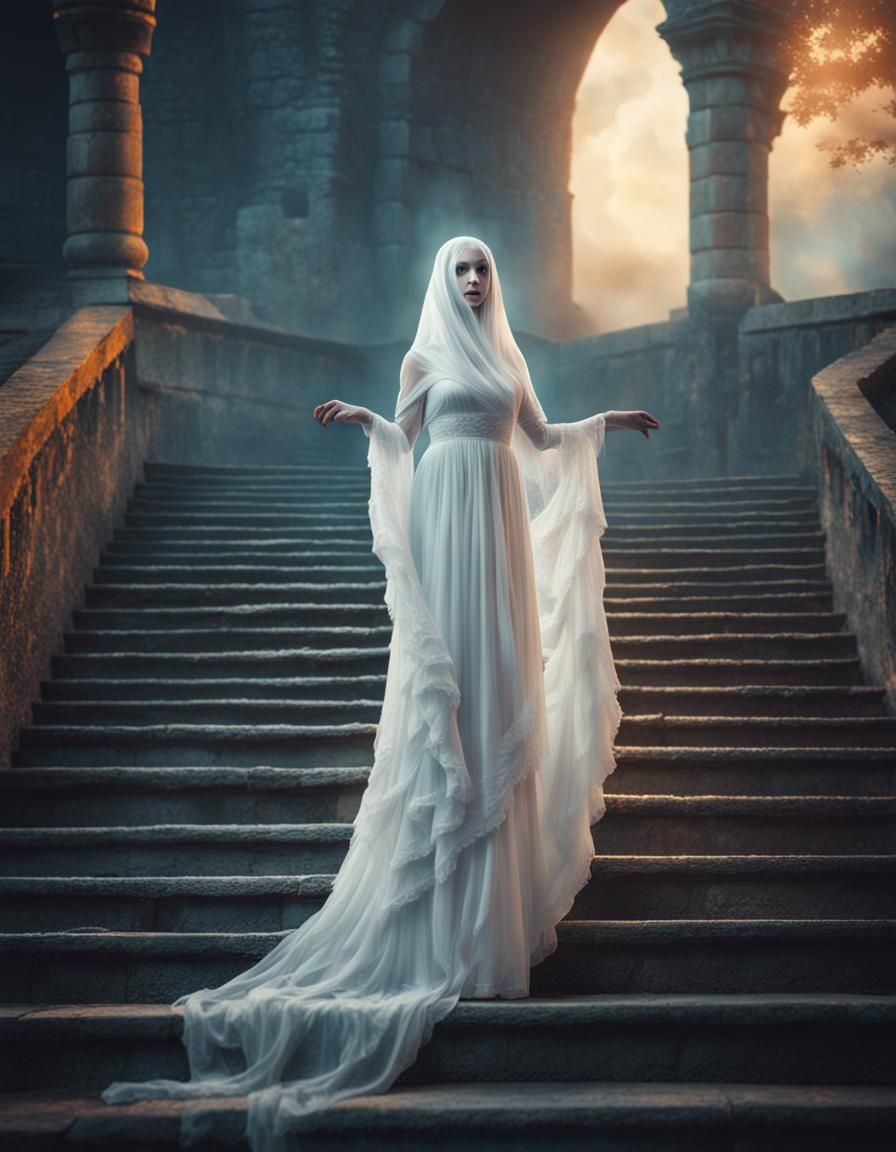 Ethereal Ghost in White Dress on Castle Steps