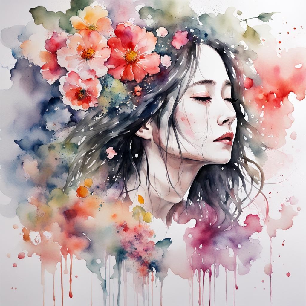 Floral Chinese Woman in Vivid Watercolor Painting