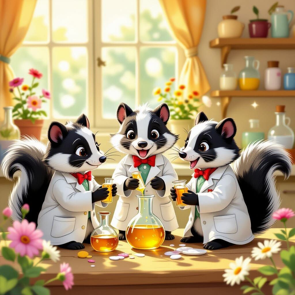 Skunks Crafting Perfume in a Whimsical Lab