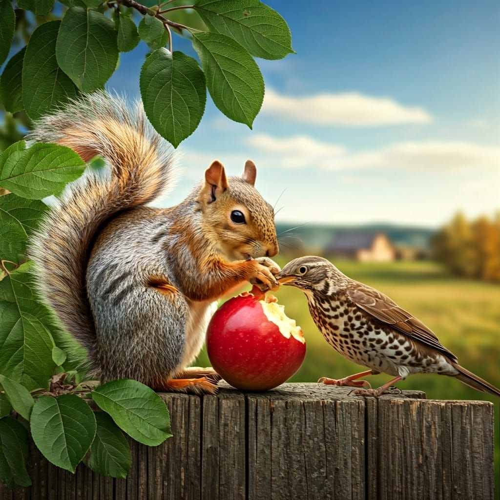 Squirrel and Bird Share Apple in Sunny Landscape