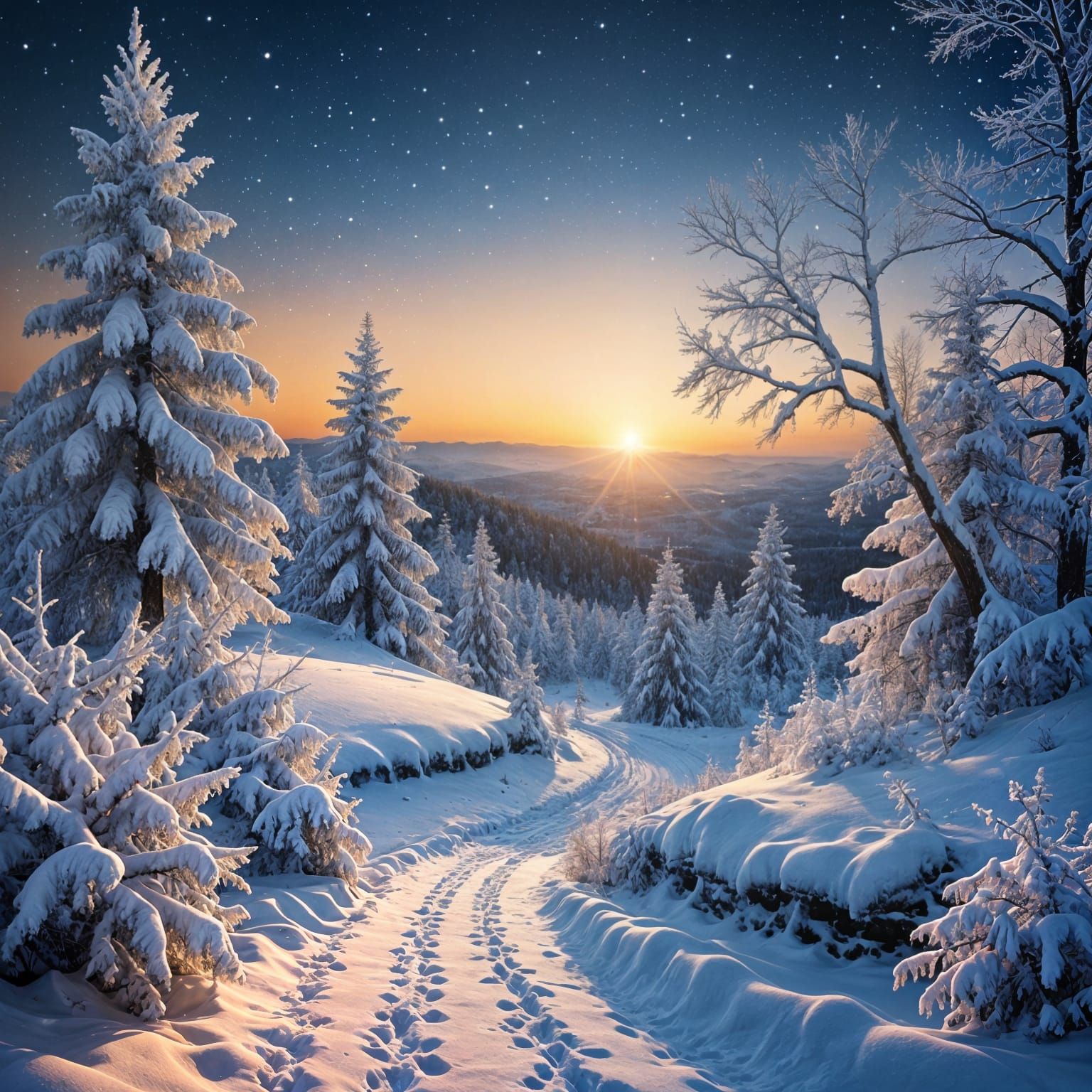 Stunning Christmas Snowy Sunset Scene in Ethereal Beauty