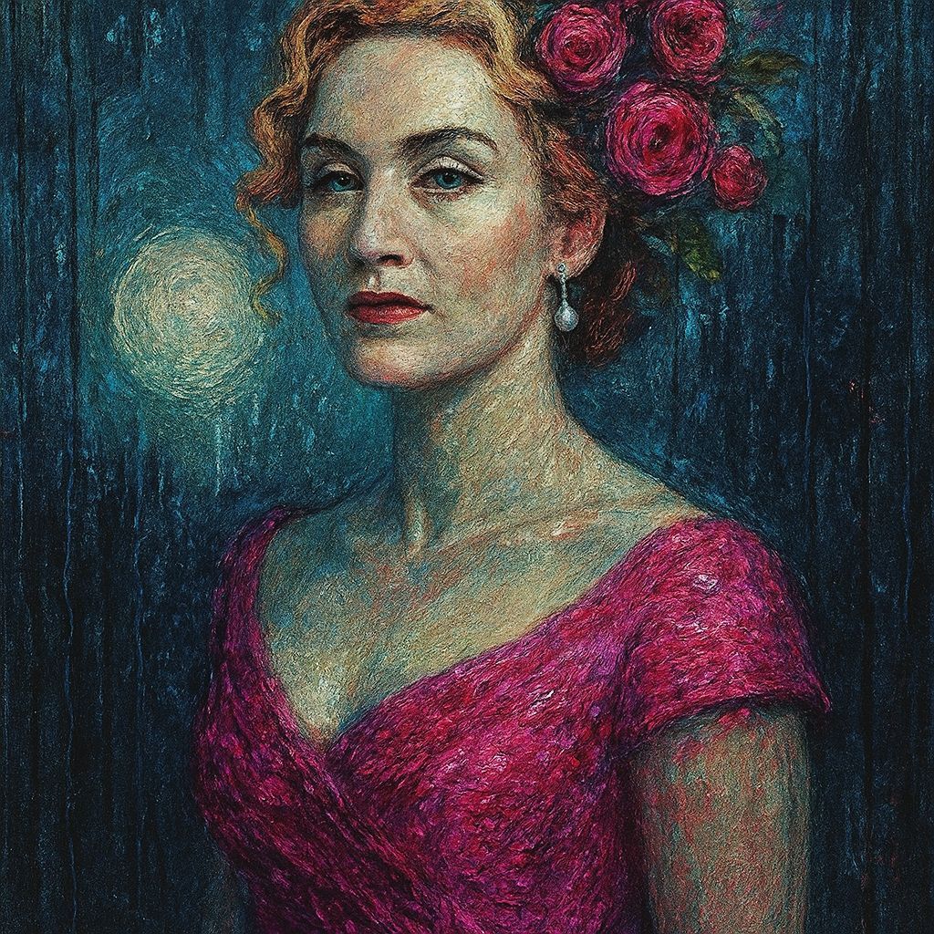 Sophisticated Kate Winslet with Roses in Pink Dress