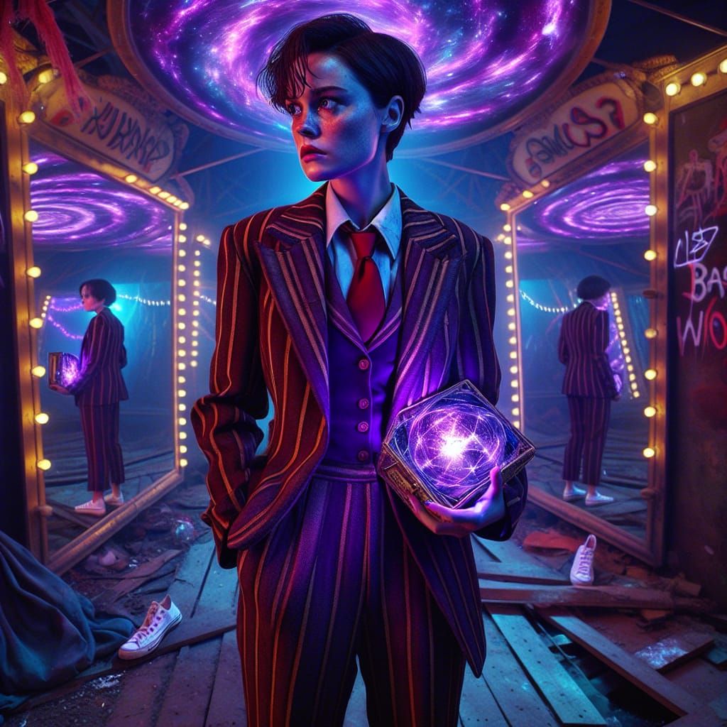 Hyperrealistic Carnival Scene with Woman and Broken Music Bo...